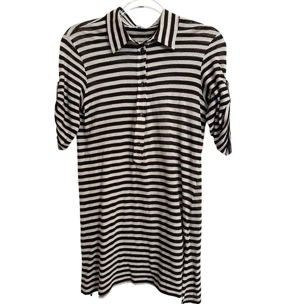Max Mara Linen Cotton Stripe Button Polo T-Shirt Dress Brown Cream S